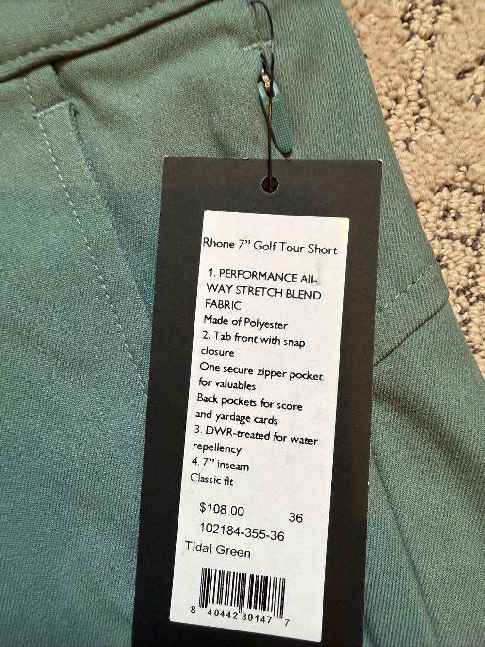 RHONE NWT SIZE 36 7”Tidal Green 7" Golf Tour Shorts - Picture 2 of 3